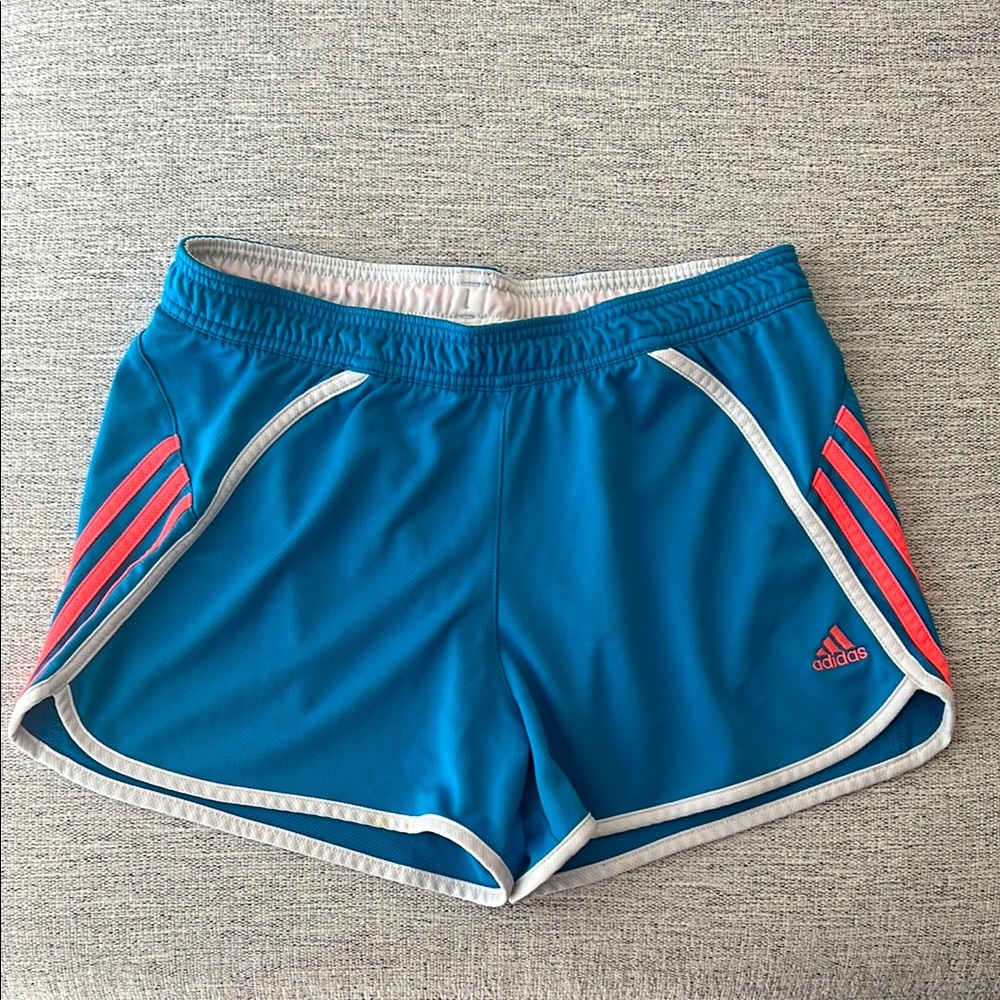 Adidas Women's Athletic Shorts in Blue with Pink Stripes